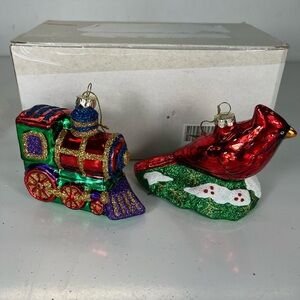 2 Danbury Mint Blown Glass Christmas Ornaments Train And Cardinal